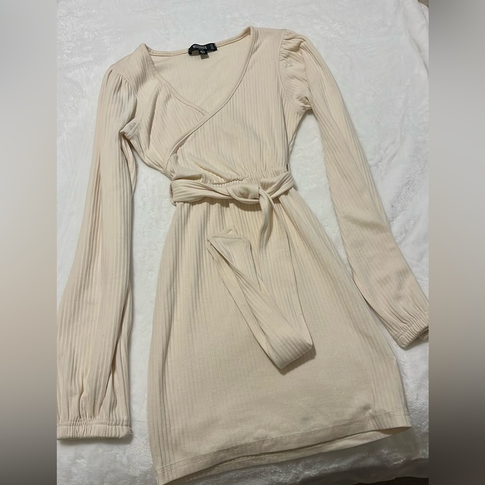 a new day Cream Ribbed Wrap Mini Dress with Tie Waist